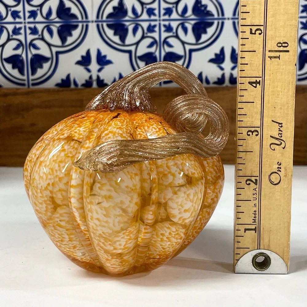 Pier 1 Hand Blown Orange Speckled Glass Pumpkin Glittering Gold Stem Fall Decor
